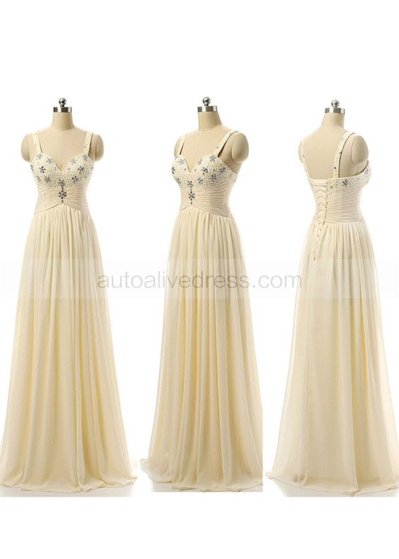 Champagne Chiffon Beads Straps Corset Back Long Bridesmaid Dress 